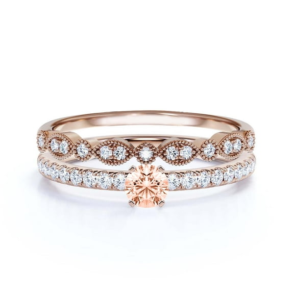 Dazzling Art deco 1.25 Carat Round Cut Morganite And Diamond Moissanite Engagement Ring, Wedding Ring, One Matching Band in 925 Sterling Silver With 18k Rose Gold Plating Gift For Girlfriend