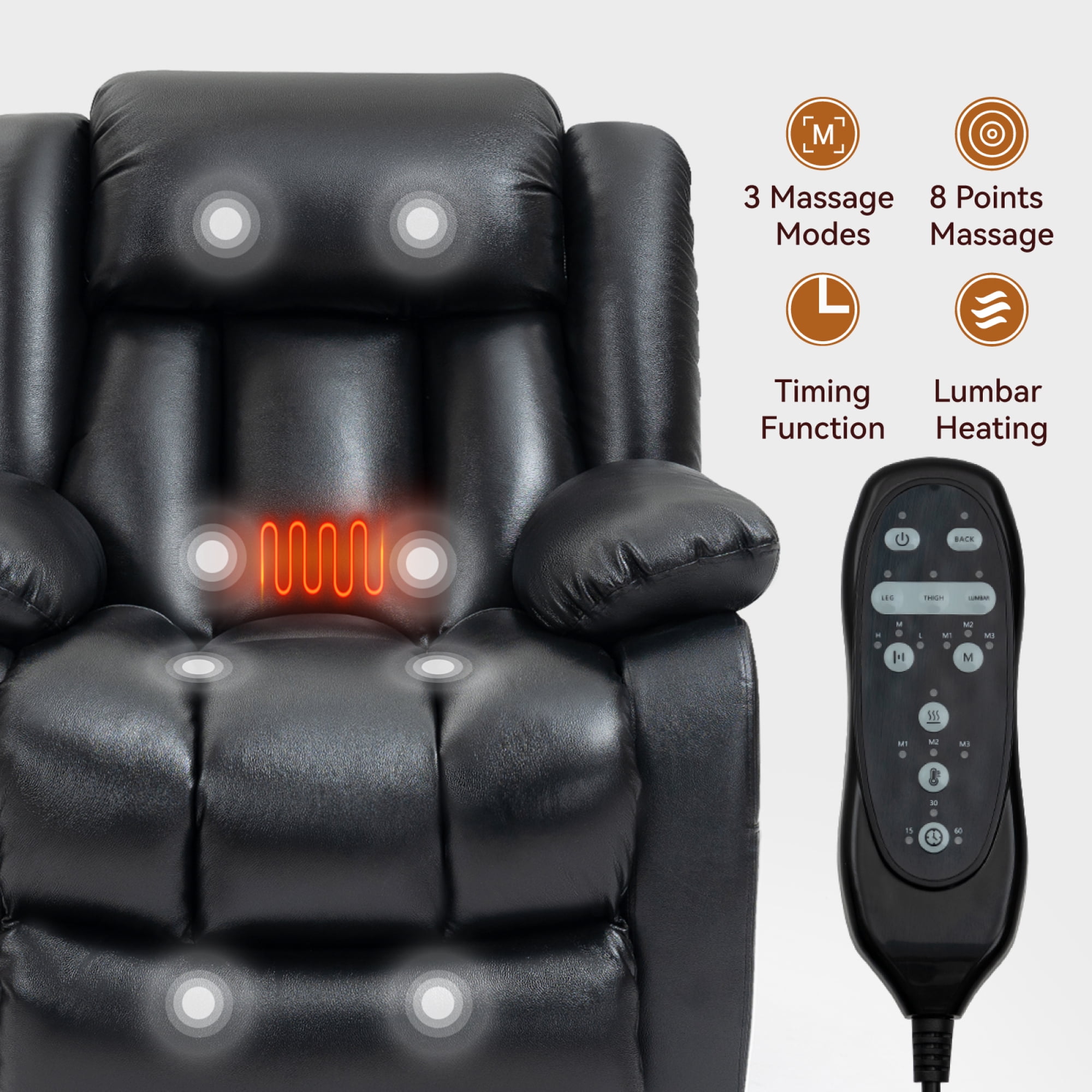 Leumius Power Lift Recliner Chair for Elderly with Vibration Massage and Lumbar Heating,Electric Recliner Single Sofa with Side Pocket for Living Room,Black