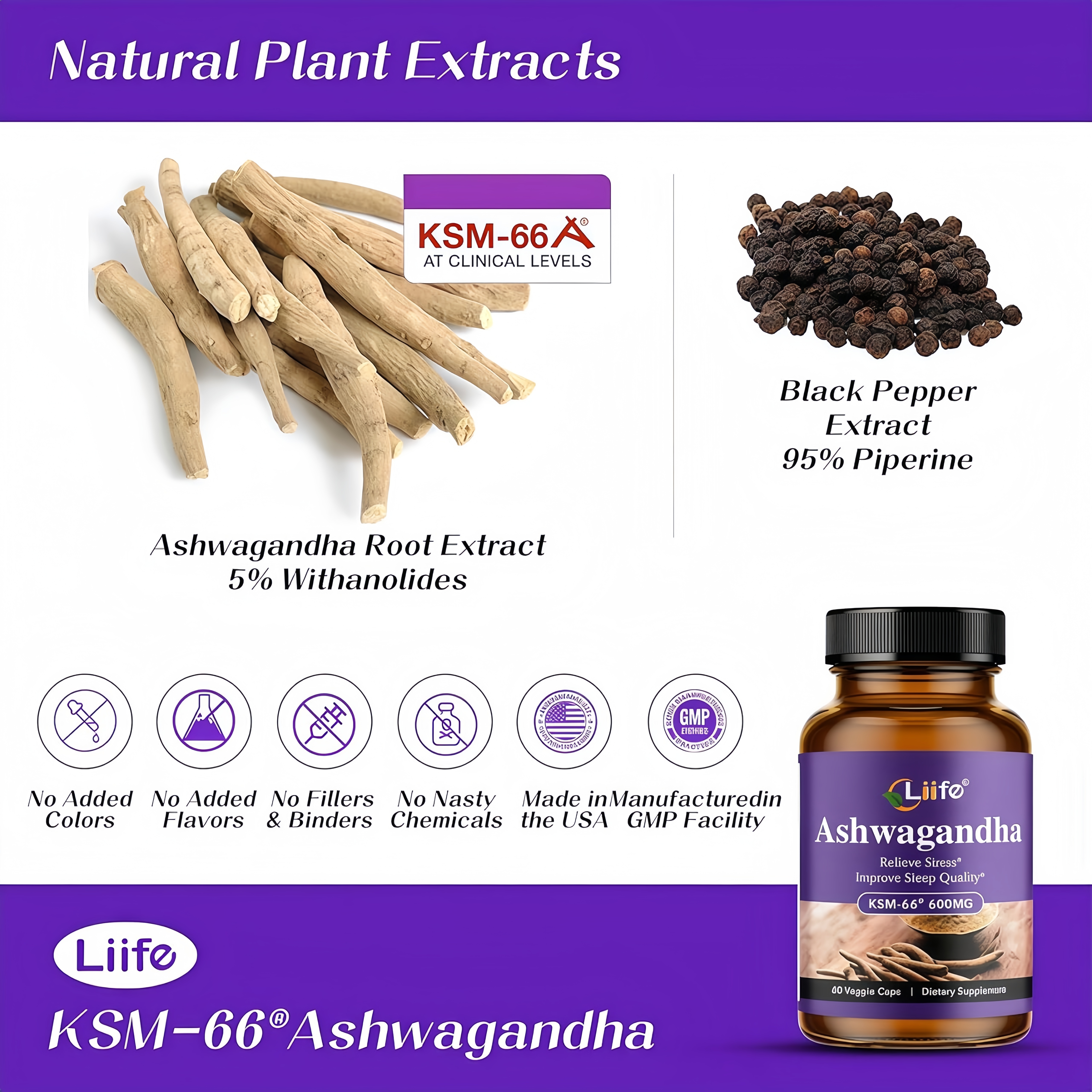 Liife KSM-66 Ashwagandha 600mg | with L-Theanine &Black Pepper| 60 Veggie Capsules | Calm,Support Restful Sleep, Relaxation, Energy, & Brain Health