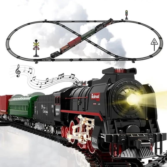 FENMING 627B Electric Railway Set for Kids with Remote Control, Steam Mist, LED Lights, Sound, Rechargeable Battery and Tracks