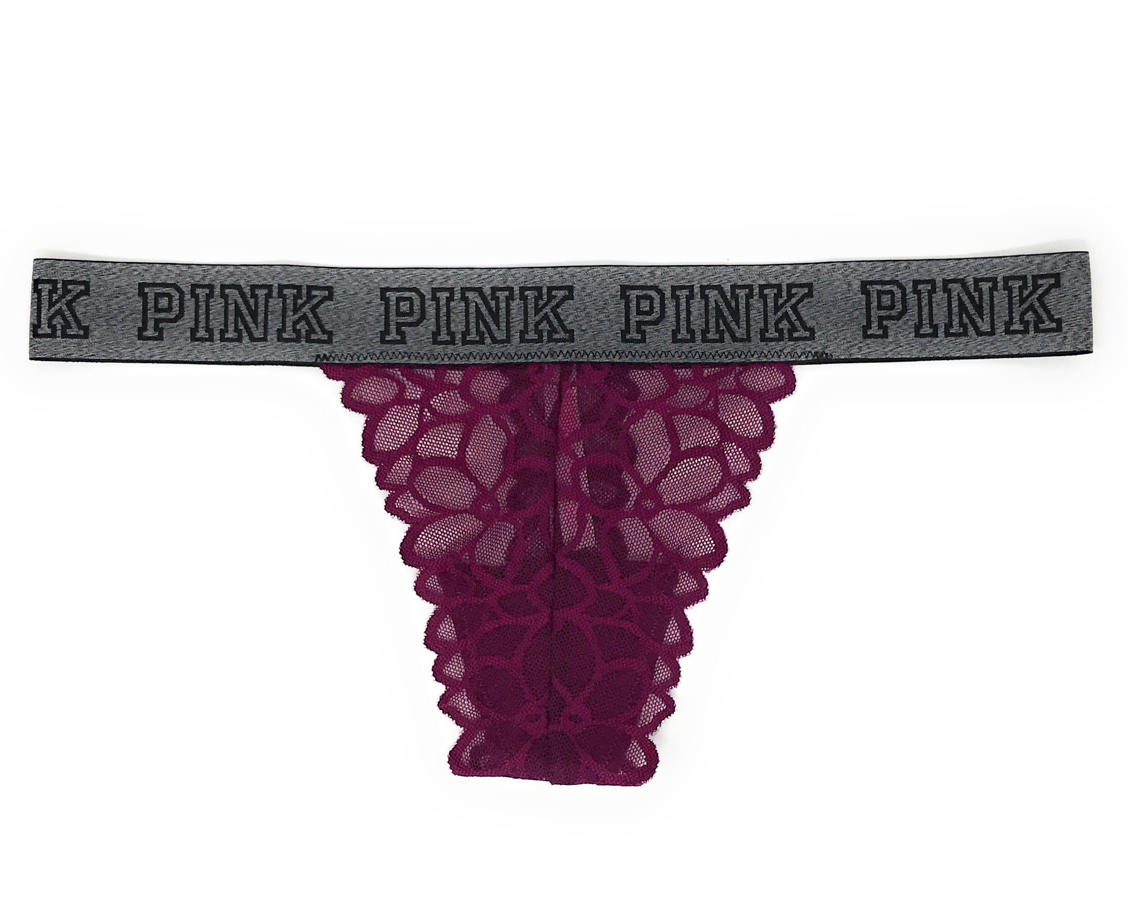 NWT VICTORIA'S SECRET PINK M GRAY YOU WISH GLITTER LOGO LACE RARE THONG  PANTIES