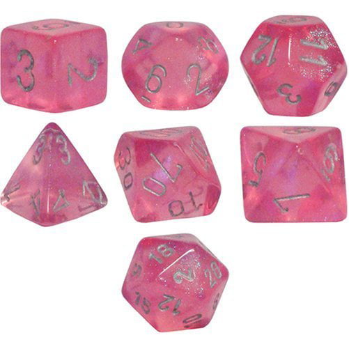 Polyhedral 7-Die Borealis Chessex Dice Set Pink with Silver Numbers 