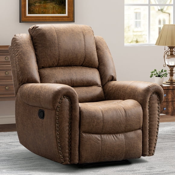 Bonzy Home Classic Manual Recliner Chair, PU Leather Recliners with Vintage Rivets Decoration, Push Back Single Reclining Sofa for Living Room, Bedroom, Nut Brown