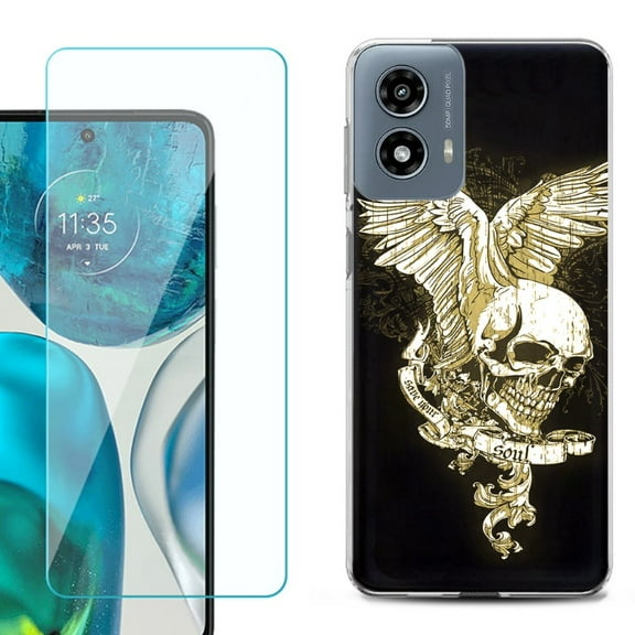 Phone Case for Motorola Moto G 5G 2024, with Tempered Glass Screen Protector, by OneToughShield - Wing Skull
