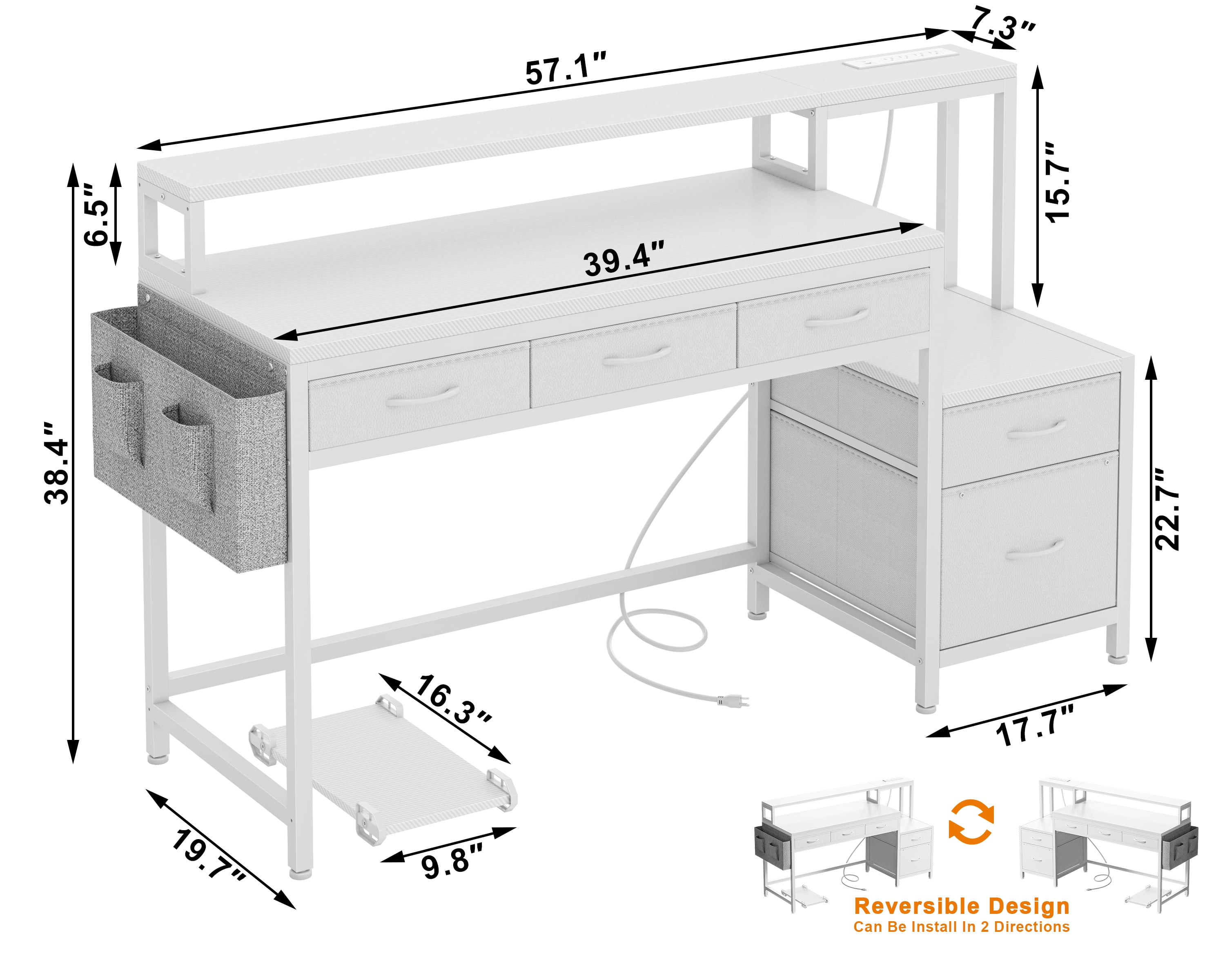 GUNAITO 60 inch Gaming Desk with 5 Fabric Drawers & Storage Shelves, Computer Desk with LED Lights & Charging Station,Carbon Fiber White