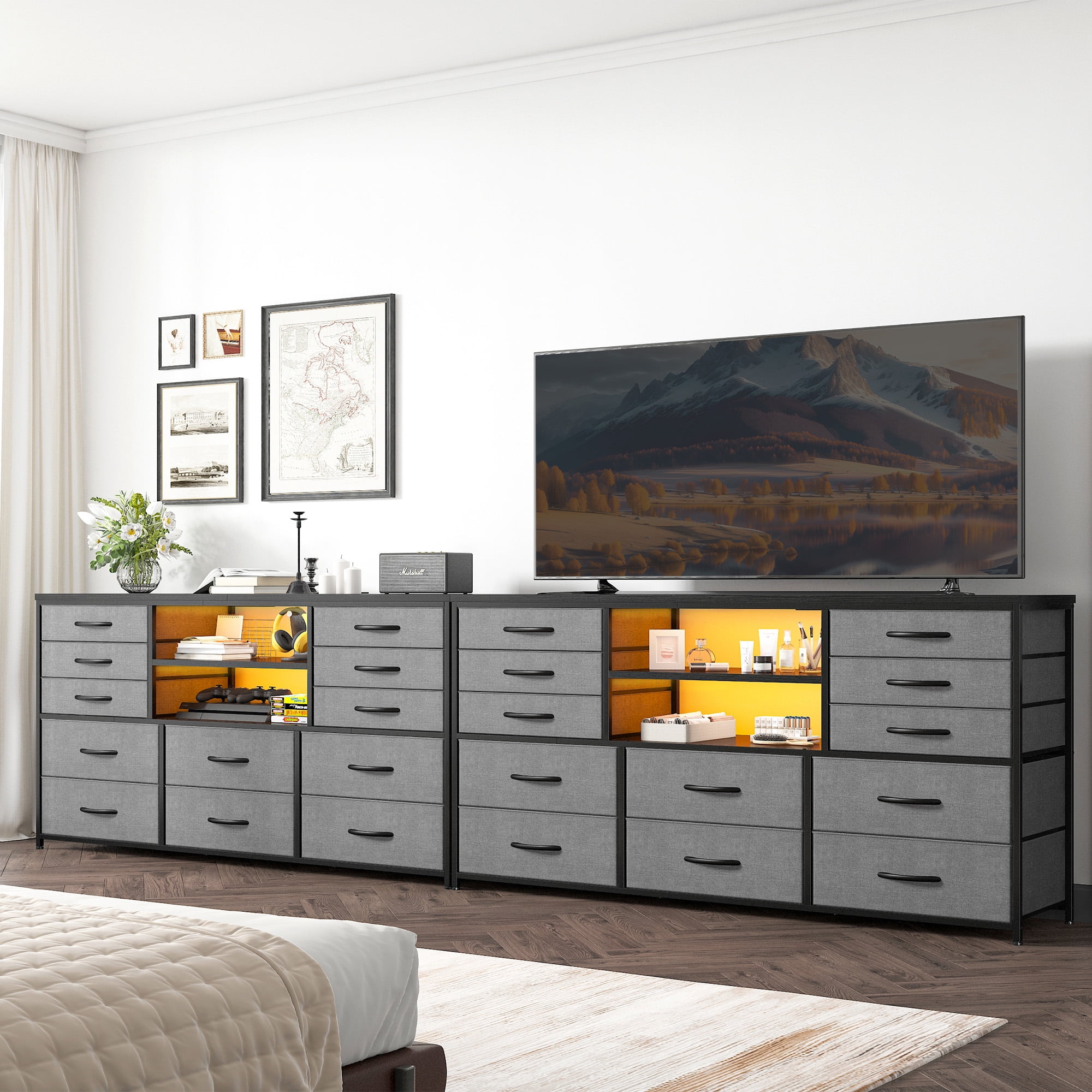 EnHomee Wide Dressers for Bedroom TV Stand for Living Room LED 12 Fabric Drawers Storage Dresser with Power Outlet,49.2''L Grey
