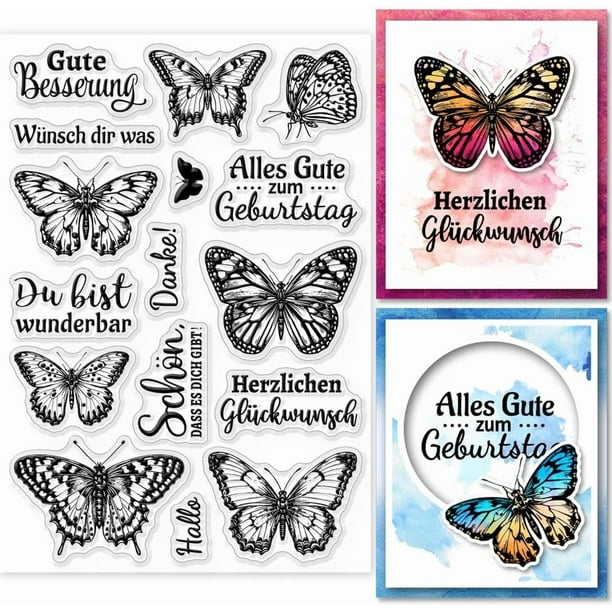 Sellos transparentes de silicona con frases en alemán y mariposas para scrapbooking. Sellos transparentes con palabras emotivas en alemán.