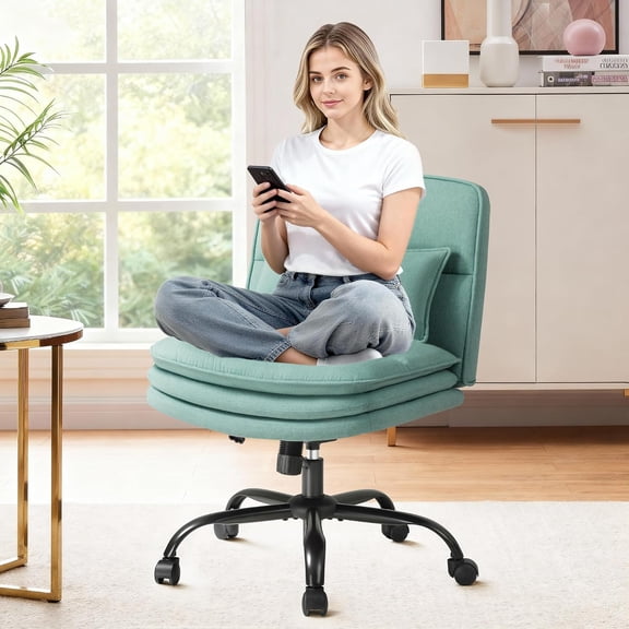 BarefHaven Criss Cross Legged Office Chair with Wheels, Armless Extra Wide Seat Swivel Desk Chair, Adjustable Height Comfy Task Chair with Thick Cushion for Home Office Bedroom Vanity (Fabric, Green)