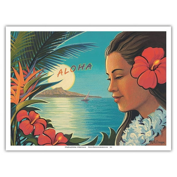Aloha Moonrise - Hula Girl - Full Moon over Diamond Head Crater - Vintage Hawaiian Travel Poster by Kerne Erickson - Master Art Print (Unframed) 9in x 12in