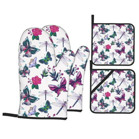 

Oven Mitts and Pot Holders Sets 4 pcs Flower Butterfly Dragonfly Non-Slip Oven Gloves Potholders Soft Quilted Lining Heat Resistant Gloves Hot Pads for Kitchen Cooking Baking