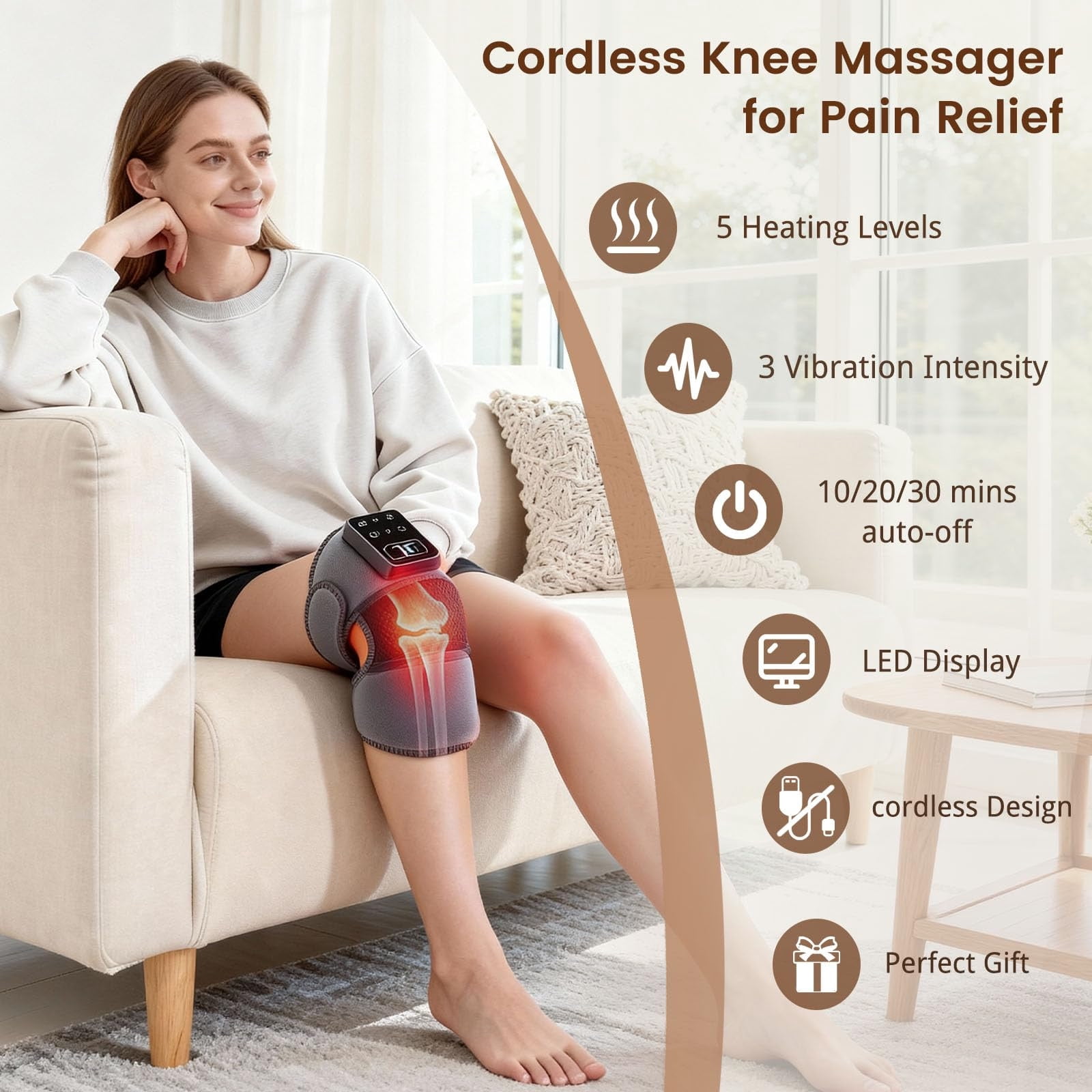 Knee Massager,Knee Brace Heating Pad For Men,With Heat Vibration For Relief,Electric Heated Knee Brace With 5 Heat Levels, Gifts For Men Women
