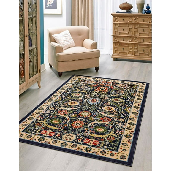 Unique Loom Cape Cod Espahan Rug Navy Blue/Black 7' 10" x 10' Rectangle Floral Traditional Perfect For Living Room Bed Room Dining Room Office