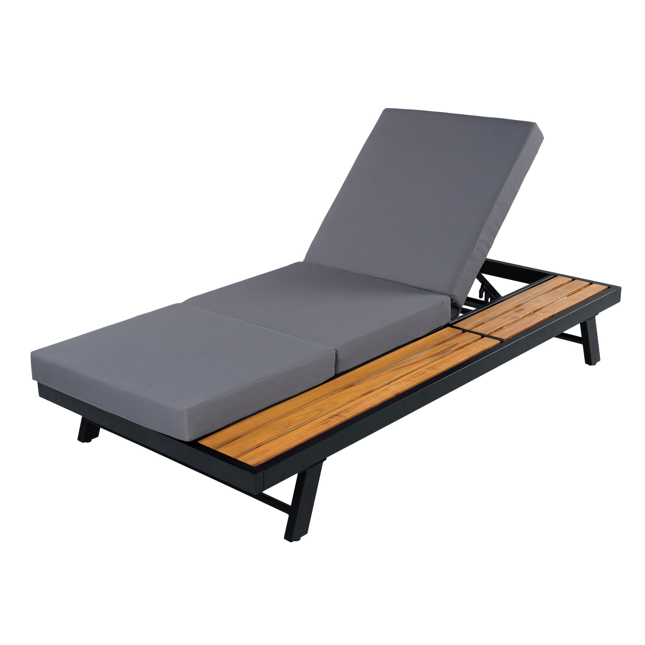 Christopher Knight Home Adjustable Outdoor Iron Chaise Lounge with 3-Fold Cushion, Wood Side Shelf, Black+Dark Gray