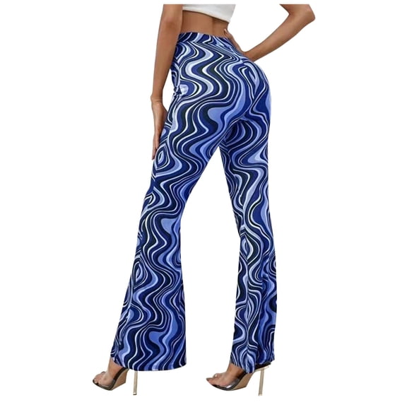XIAONU Women's Swirl Print Flare Pants High Waist Retro Wave Design Trousers Stretchy Disco Style Party Bottoms Blue