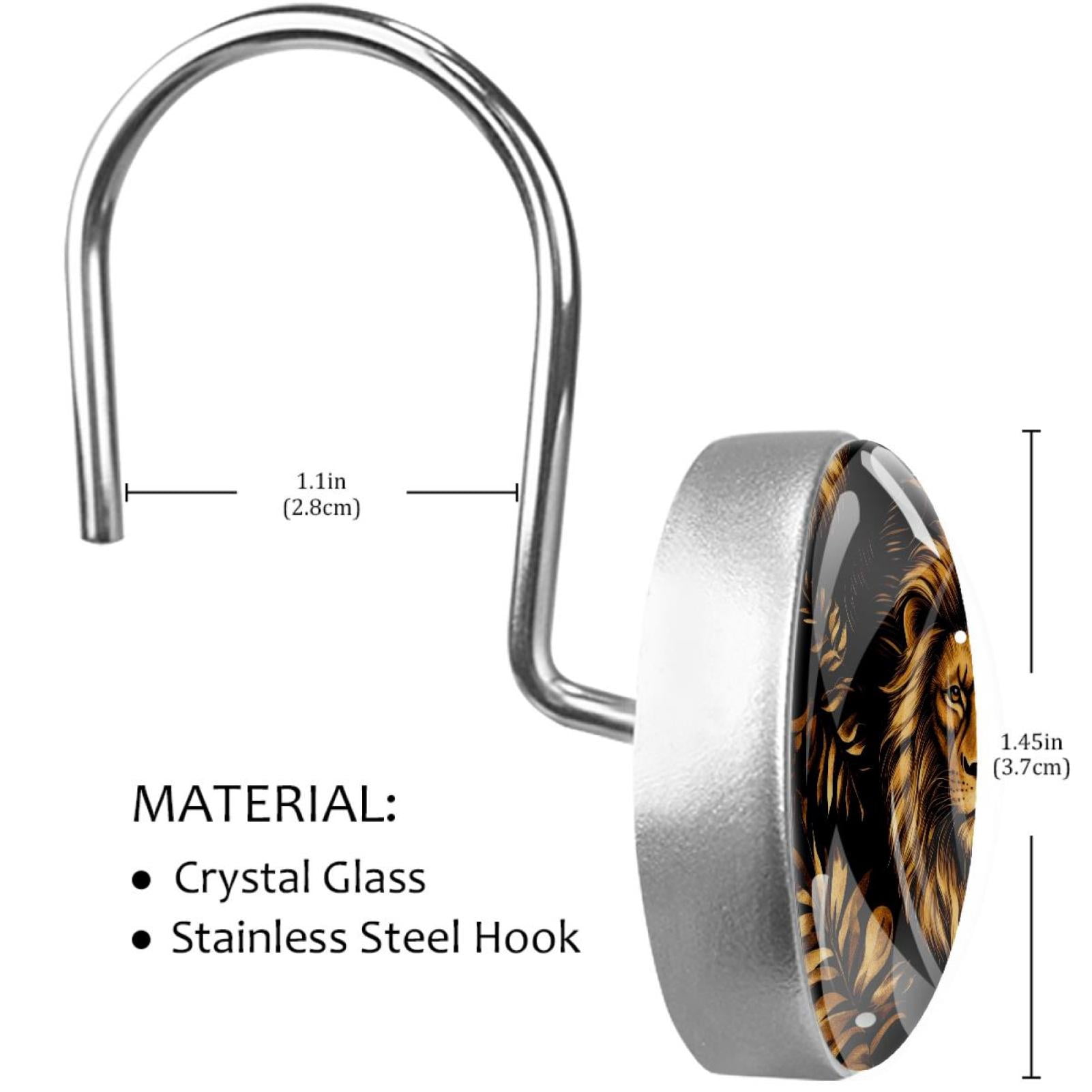 Gold Lions and Leaves Shower Curtain Hooks Round Crystal Glass, Set of 12 Shower Curtain Rings - Shower Hooks for Curtain Shower Rings