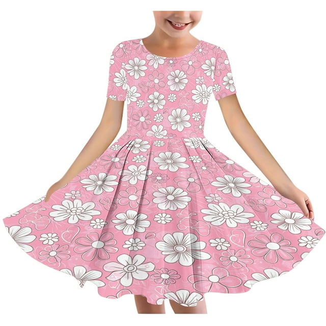 RXIRUCGD 2025 Summer Clothes for Kids Girl's Flower Print Short Sleeve Stretchy Dress Summer Sleeve Round Neck Dress Dance Skirt for Kids