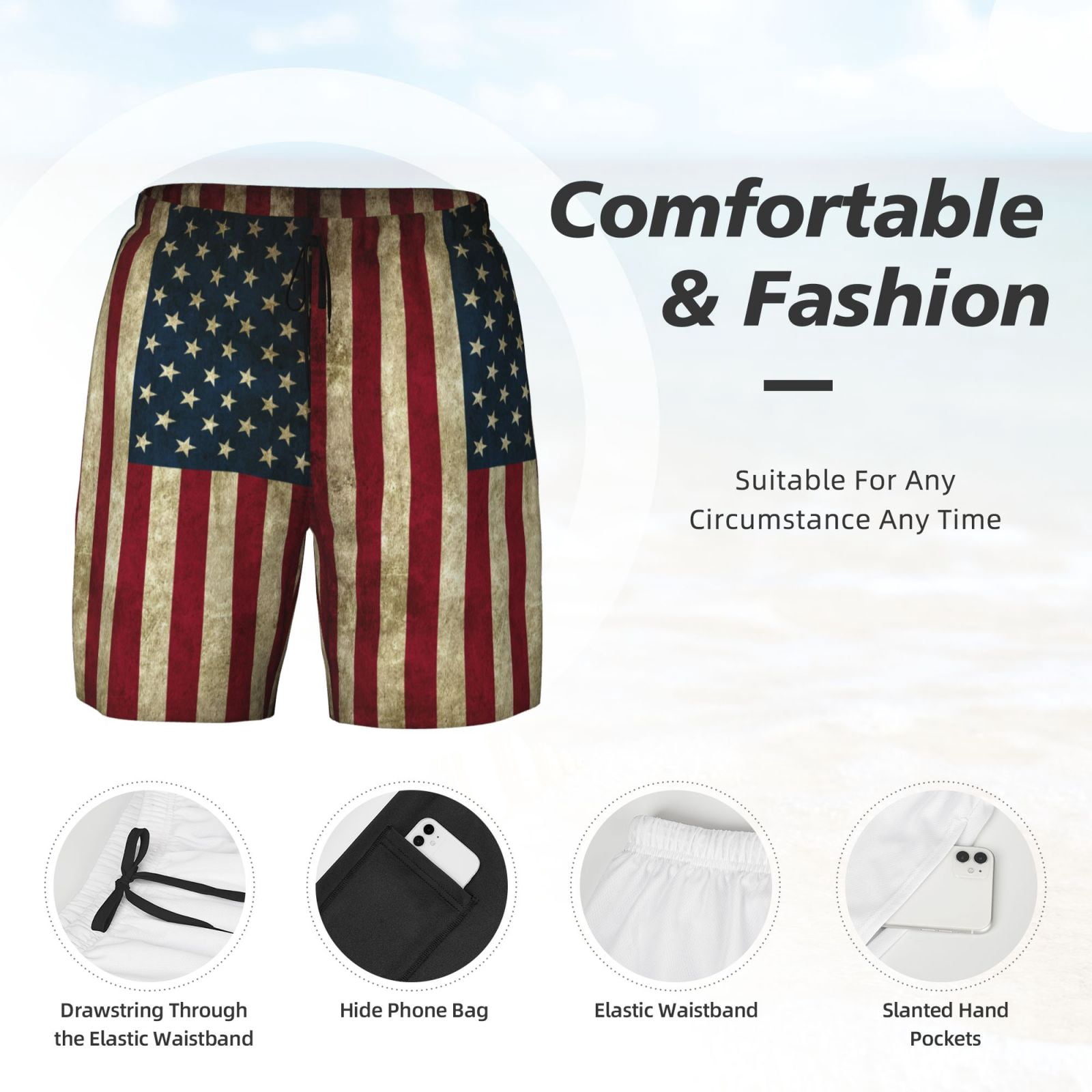 Men's Retro Old America Flag Swim Trunks with Compression Liner Bathing Suit Swimwear