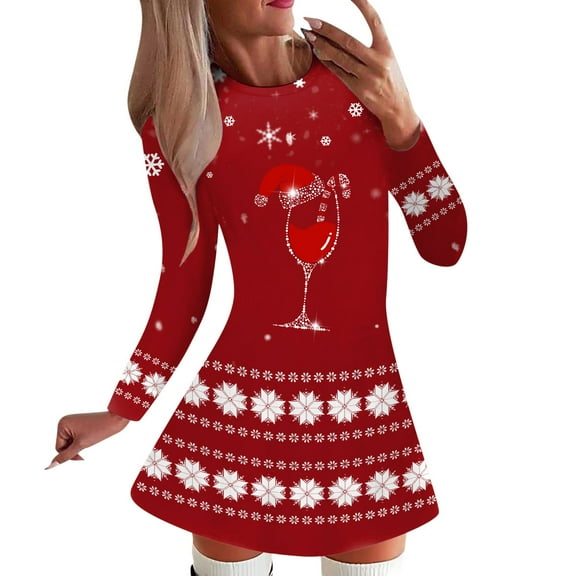 Womens Dresses Summer, Women Dresses,Women's Fashion Casual Long Sleeve Christmas Party Dress with Snowflake Print Round Neck Elegant Holiday Attire