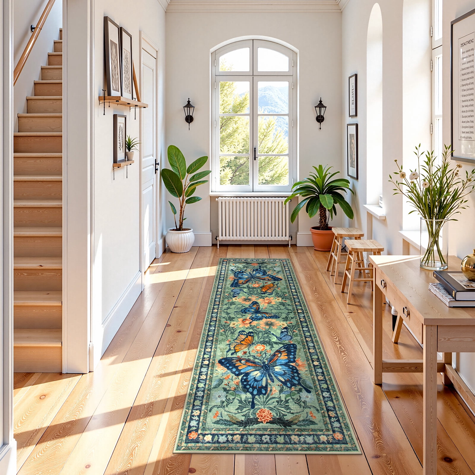 Lahome Decor 2'x6' Butterfly Kitchen Rug,2x6ft Runner Rugs for Hallways, Non-Slip Washable Rugs Stain Resistant Boho Floral Runner Low-Pile Runner Rug Rubber Backing for ‎Bathroom Bedroom,Green