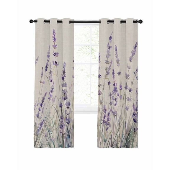 Spring Flower Blackout Curtains for Bedroom Living Room, Vintage Purple Lavender Linen Texture 72 In Long Thermal Insulated Room Darkening Drapes Grommet Window Treatments, 52 x 72 In