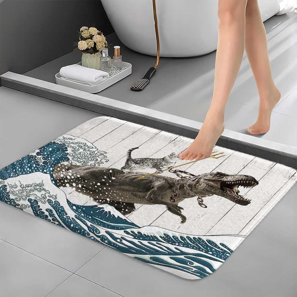 Funny Cat Bath Mat, Cool Cat Dinosaur Japanese Ocean Wave Decor Soft Bathroom Rugs, Rustic Wooden Barn Farmhouse Bath Mat, 17X48in