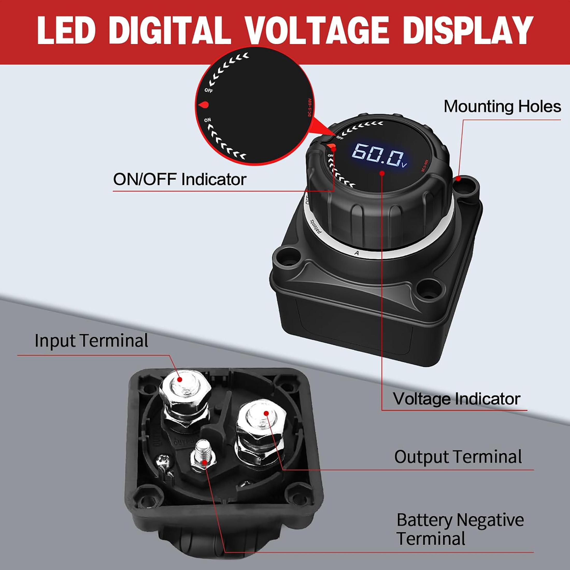 Upgrade Battery Disconnect Switch with Digital Voltage Display, DC 5-60V, Power Master Isolator Cut Off Switch for Car Truck Marine Boat RV Camper Trailer (Upgrade Black)