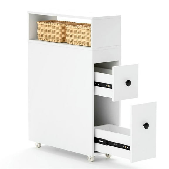 Resenkos White Bathroom Storage Cabinet (20" x 7.5" x 28.5") with 2 Drawers, Open Shelf and Wicker Baskets