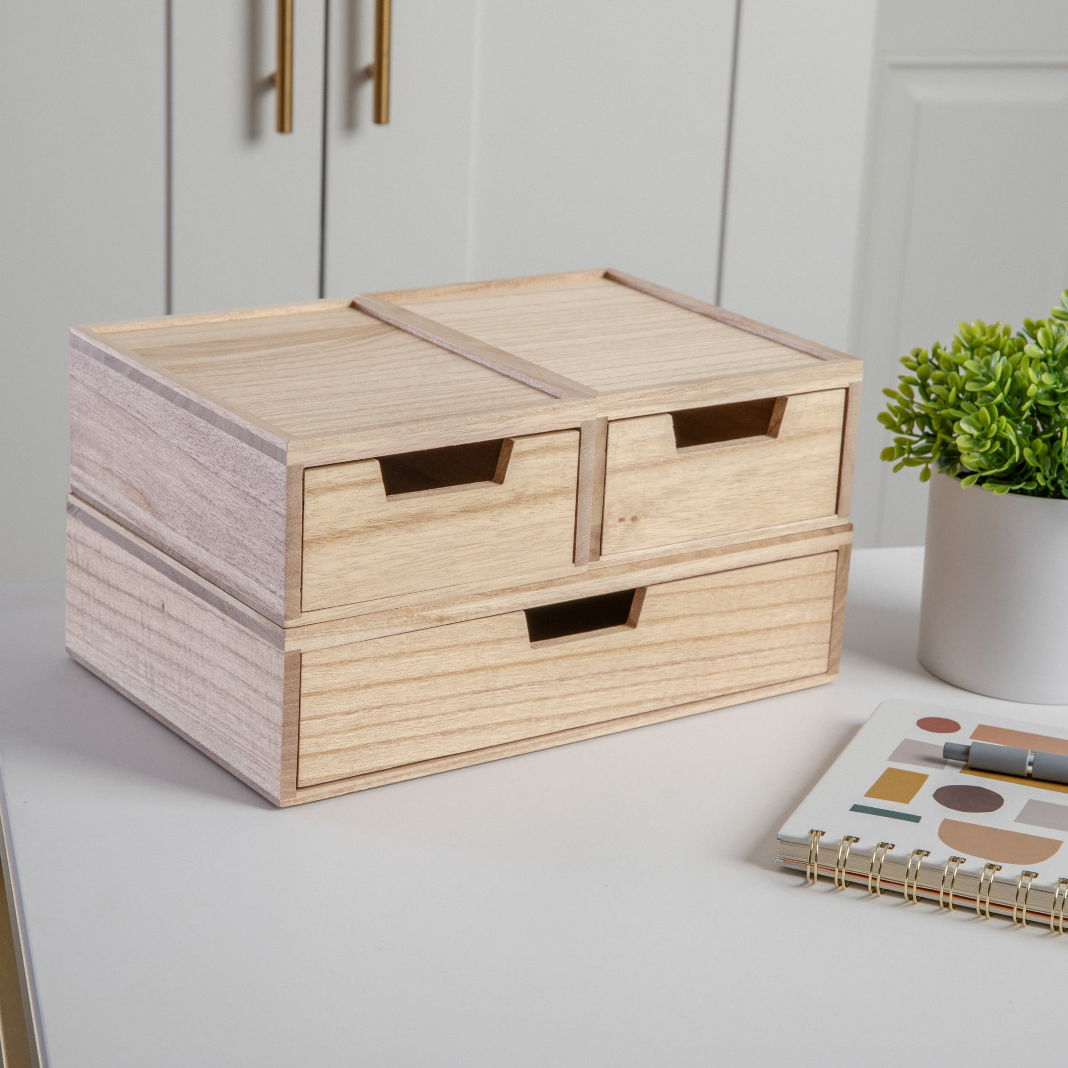 Martha Stewart Weston Stackable Light Natural Paulownia Wood Boxes with Drawers, Office Desktop Organizers, Set of 3