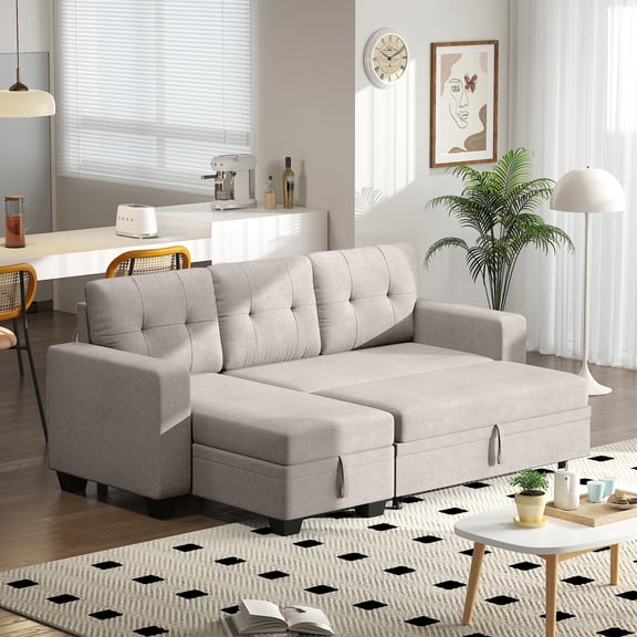 DEALTOPS Linen Reversible Sleeper Sectional Sofa Bed with Storage Chaise,Beige