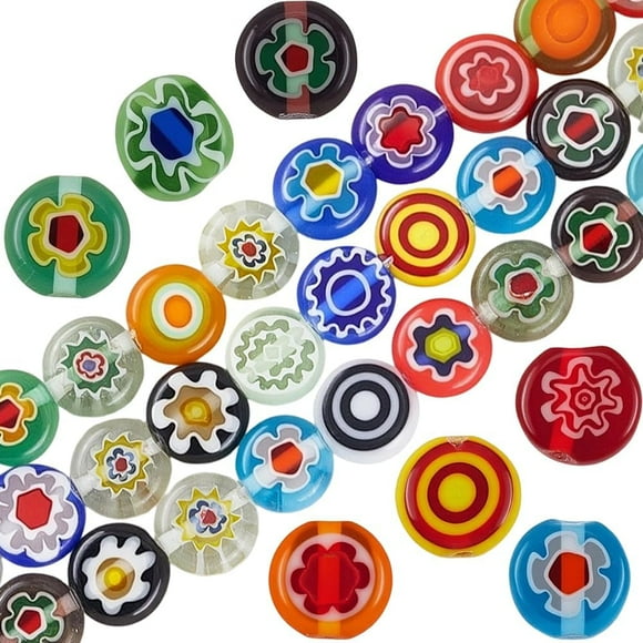 1 Box 3 Strands 144PCS 8MM Flower Handmade Lampwork Glass Beads with Hole Millefiori Flowers Pattern Flat Round Spacer Loose Charms Bead Bulk for Jewelry Making Necklaces Diy Craft Supply