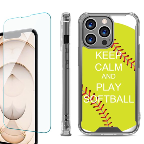 Shockproof Bumper Phone Case for iPhone 13 Pro Max, with Tempered Glass Screen Protector, by OneToughShield ® - Keep Calm Softball