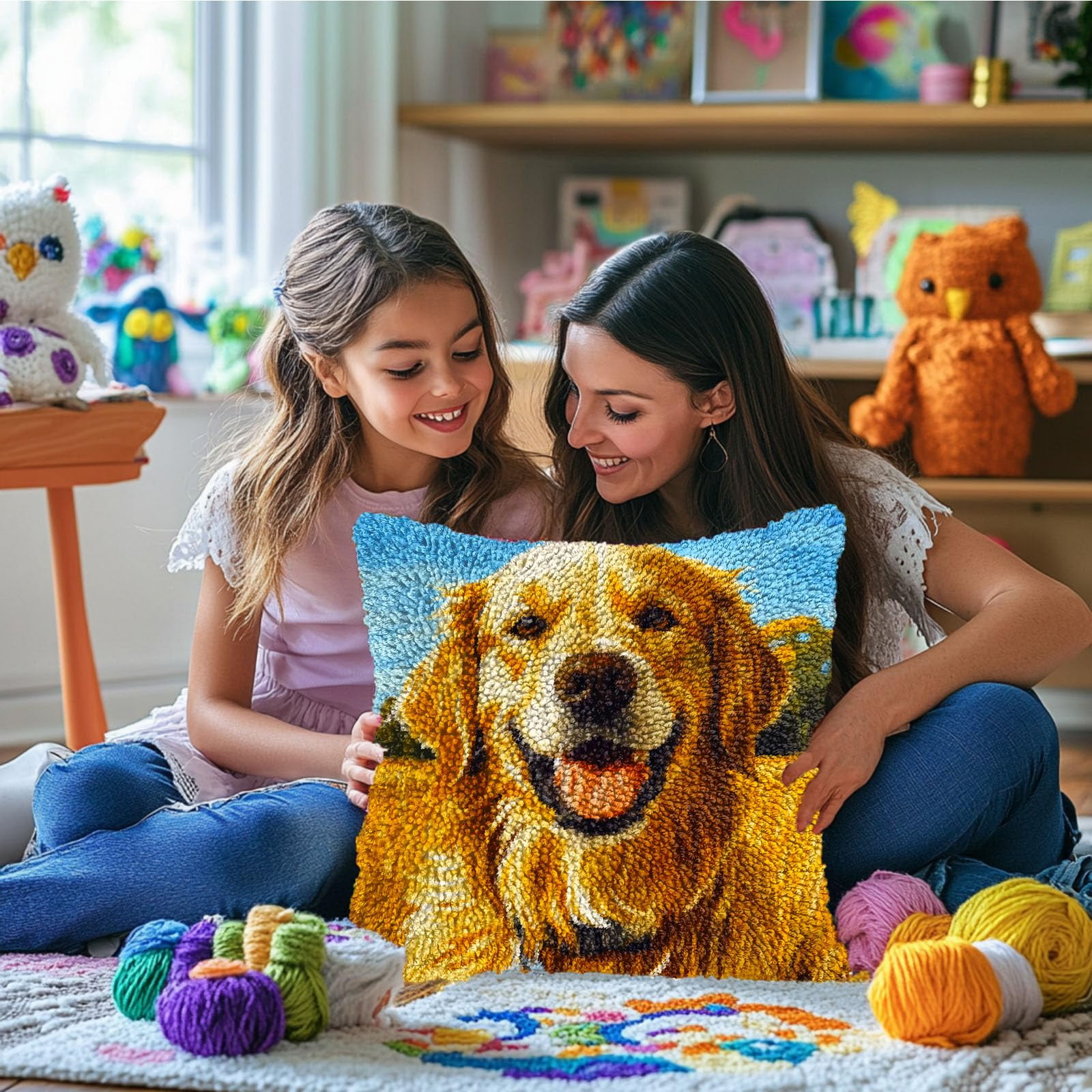 DIY Latch Hook Pillow Kits Golden Retriever Dog Printed Pillowcase Crochet Yarns Hooking Handmade Pillow Cover Cushion for Home Sofa Decoration 17x17inch-1