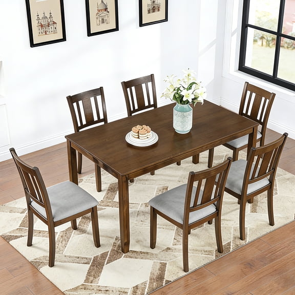 7 Piece Wooden Dining Table Set, Rectangular Table with 6 Upholstered Chairs for Kitchen, Dining Room, Walnut