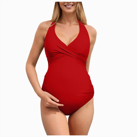 HCNTES Maternity One Piece Swimsuit Seamless One Size Fits S-XL Bathing Suit Ribbed U-Shaped Back Pregnancy Swimwear(Size:XXL)