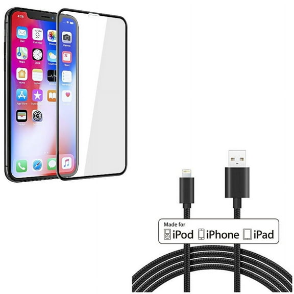 MFi USB Cable w Screen Protector for iPhone XR - 6ft Certified Charger Cord Power, Tempered Glass 5D Touch Curved Edge Full Cover