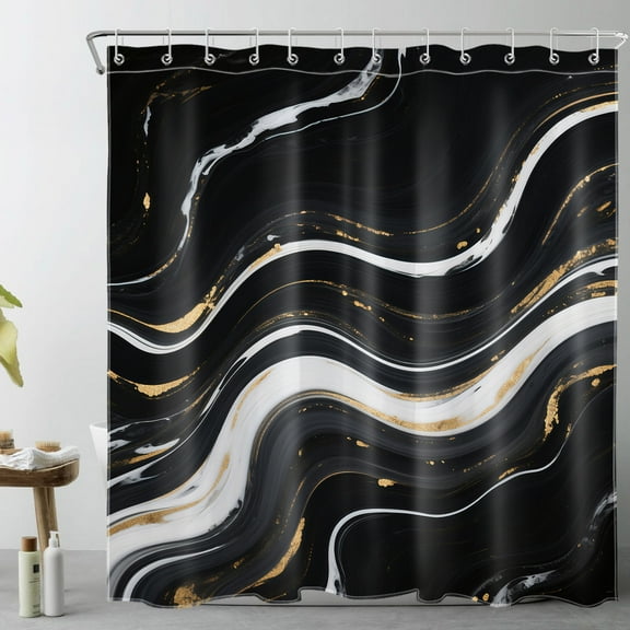 HVEST Black Marble Shower Curtain with Abstract Black and Gold White Wave Design - Modern Minimalist Bathroom Decor, Waterproof Polyester Fabric, Includes 12 Hooks, 72x72 Inches