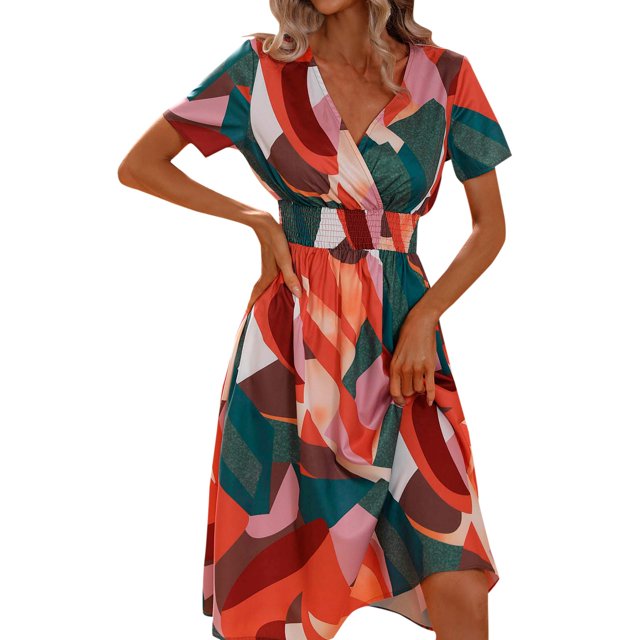 B91xZ Robes Longues pour Femmes Robe Maxi à Manches Courtes Col en V Profond Couleur Unie, Rouge m