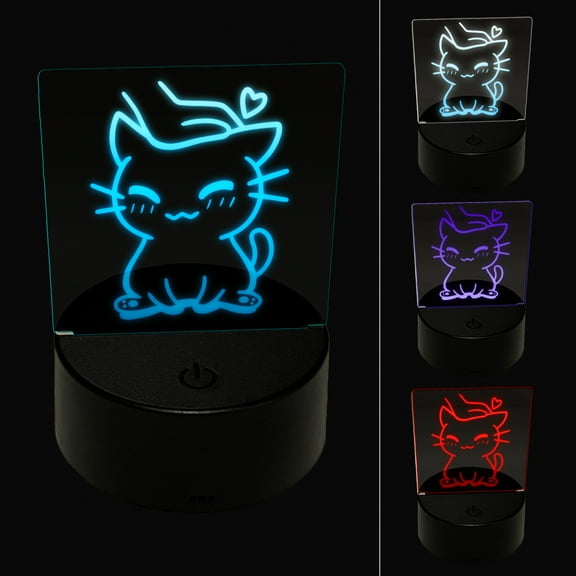 Satisfied Cat Kitty Headpat LED Night Light Sign 3D Illusion Desk Nightstand Lamp
