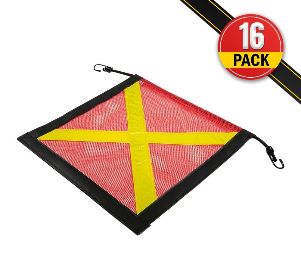16 Pack Red Safety Flag with Bungees Cord DOT Compliant - 18 Inch x 18 Inch Reflective High Visibility X - Black Leather Webbing Mesh Warning Flags