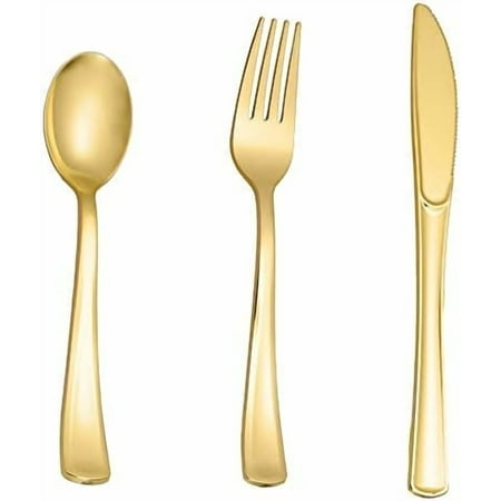 500PCS Gold Plastic Silverware - Gold Plastic Cutlery Set Disposable Flatware Dinnerware -200 Forks, 150 Spoons, 150 Knives for Party, Birthday, Wedding Utensils