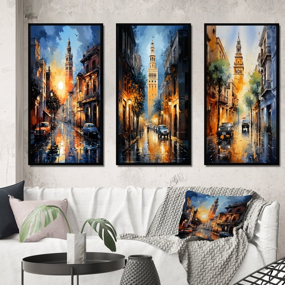 Designart « Giralda Iconique de Séville, Espagne III » Paysages Urbains Ensemble d'Art Mural Encadré de 3 - Ensemble de Cadres Espagne Jaune pour Déco de Bureau