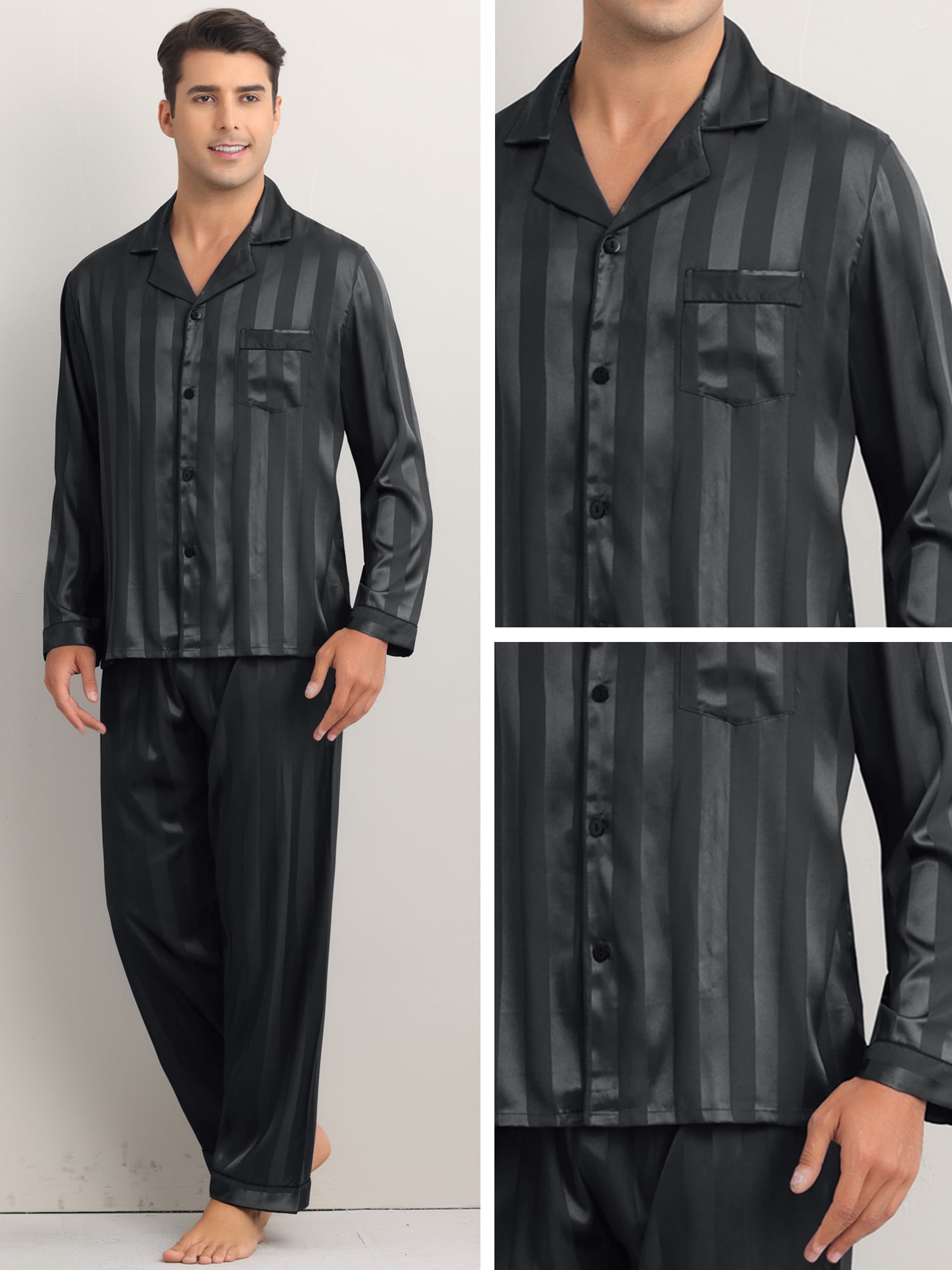DARING DIVA Men's 2-Piece Long Sleeve Top And Pants Striped Pajama Set S Black