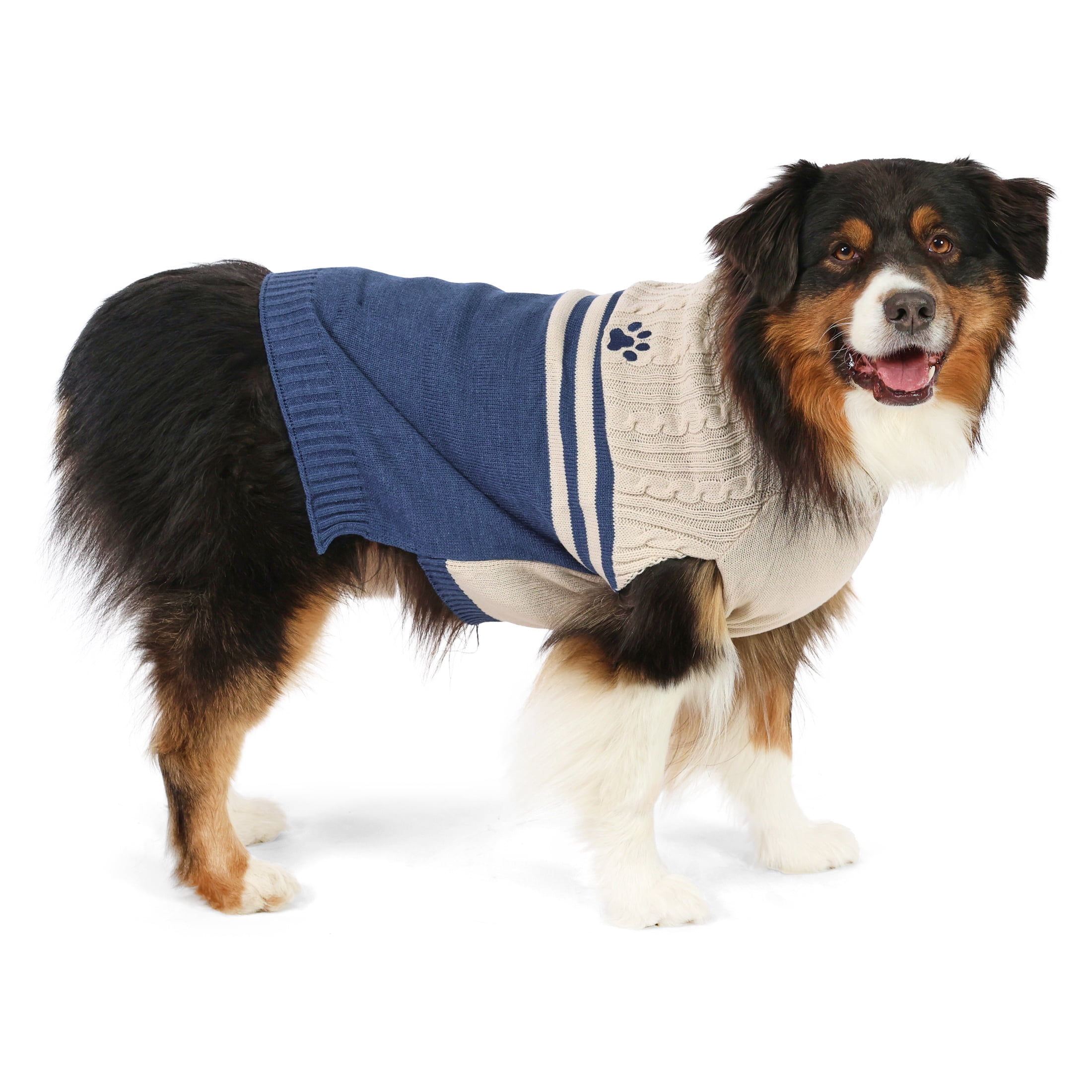 Vibrant Life Cable Knit Sweater for Dogs, Paw Print, Cream and Navy, L