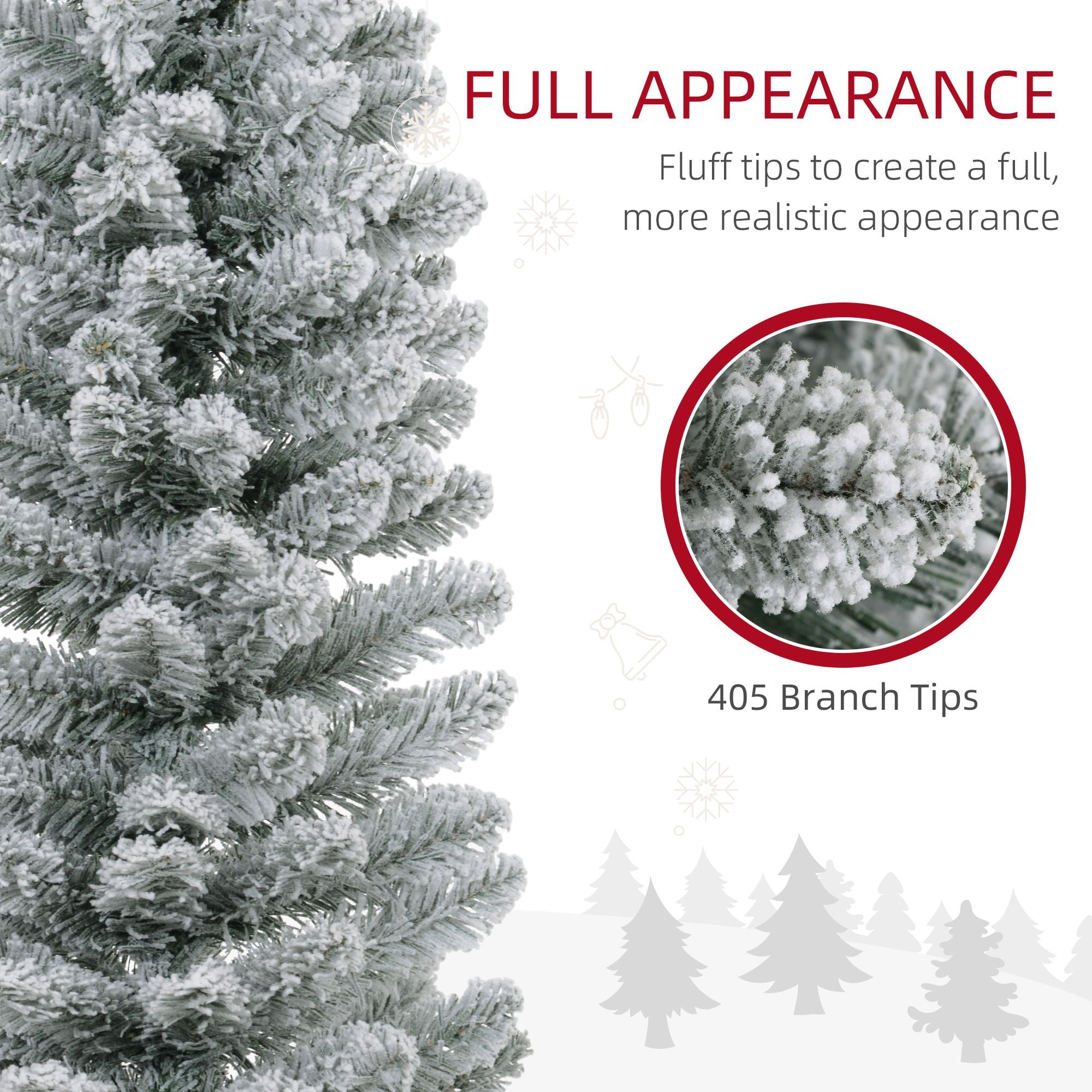 7 ft Artificial Christmas Tree with Snow Flocked Branches, Pencil Shape, Metal Base, 405 Tips, Indoor Holiday Decor