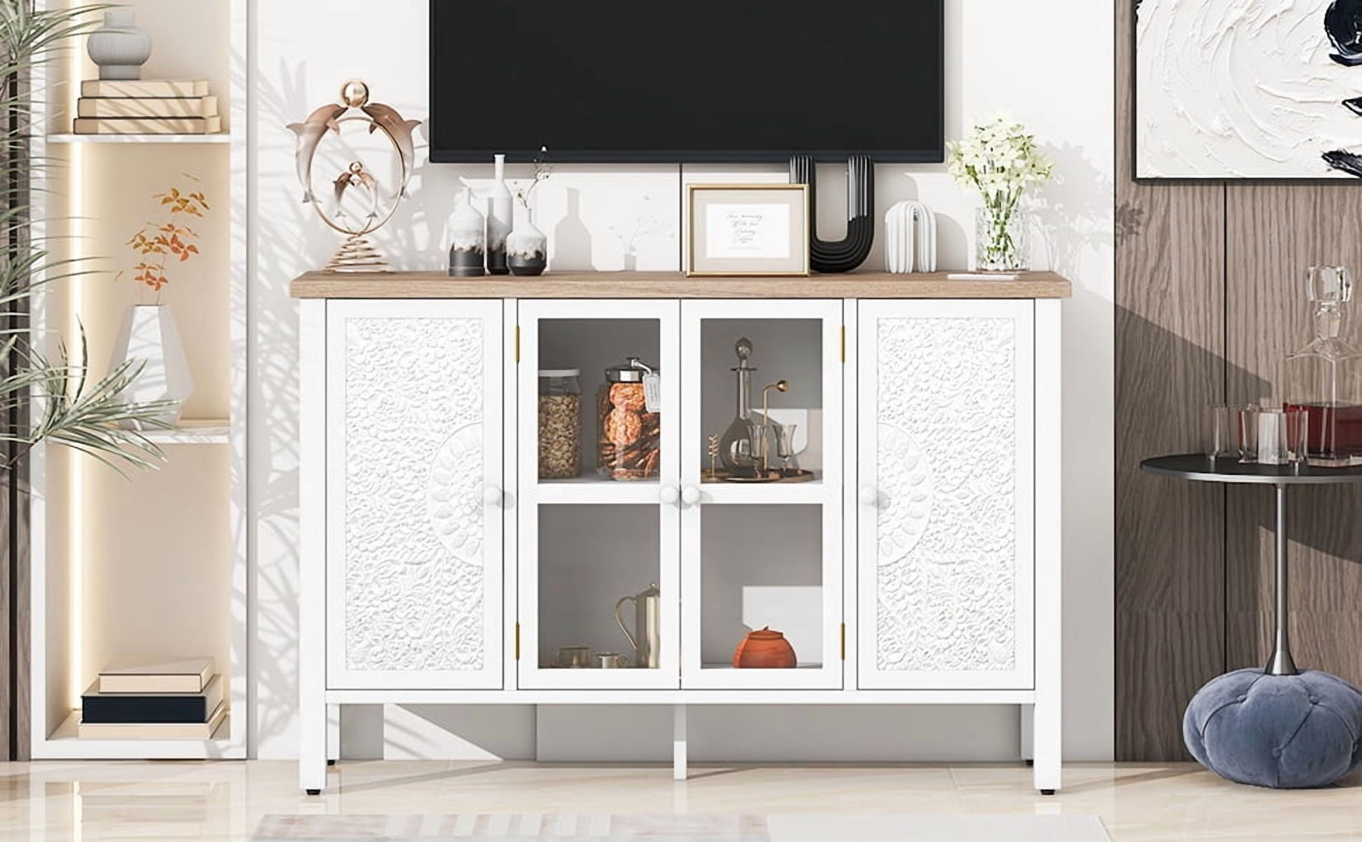 Euroco 47.2'' Retro TV Stand for TVs up to 43 Inches, Entertainment Center Media Console Cabinet with 3 Spacious Cabinets, Glass Cabinet Doors and Anti-tip Device for Living room
