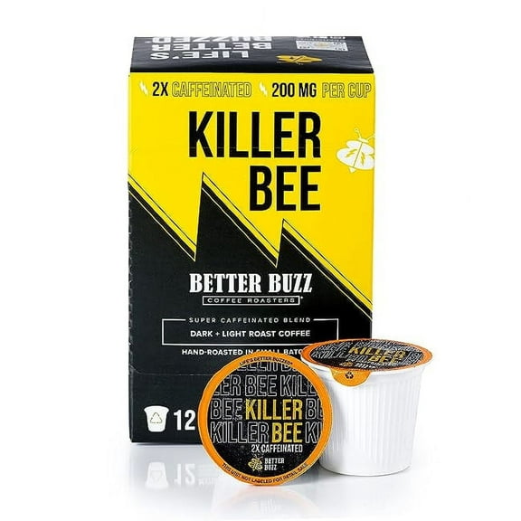 Better Buzz Killer Bee Super Caffeinated Dark Roast Light Roast Blend 12ct., California Solar Energy Produced Recyclable Coffee Pods, Small Batch Roasted Coffee, K-Cup Compatible