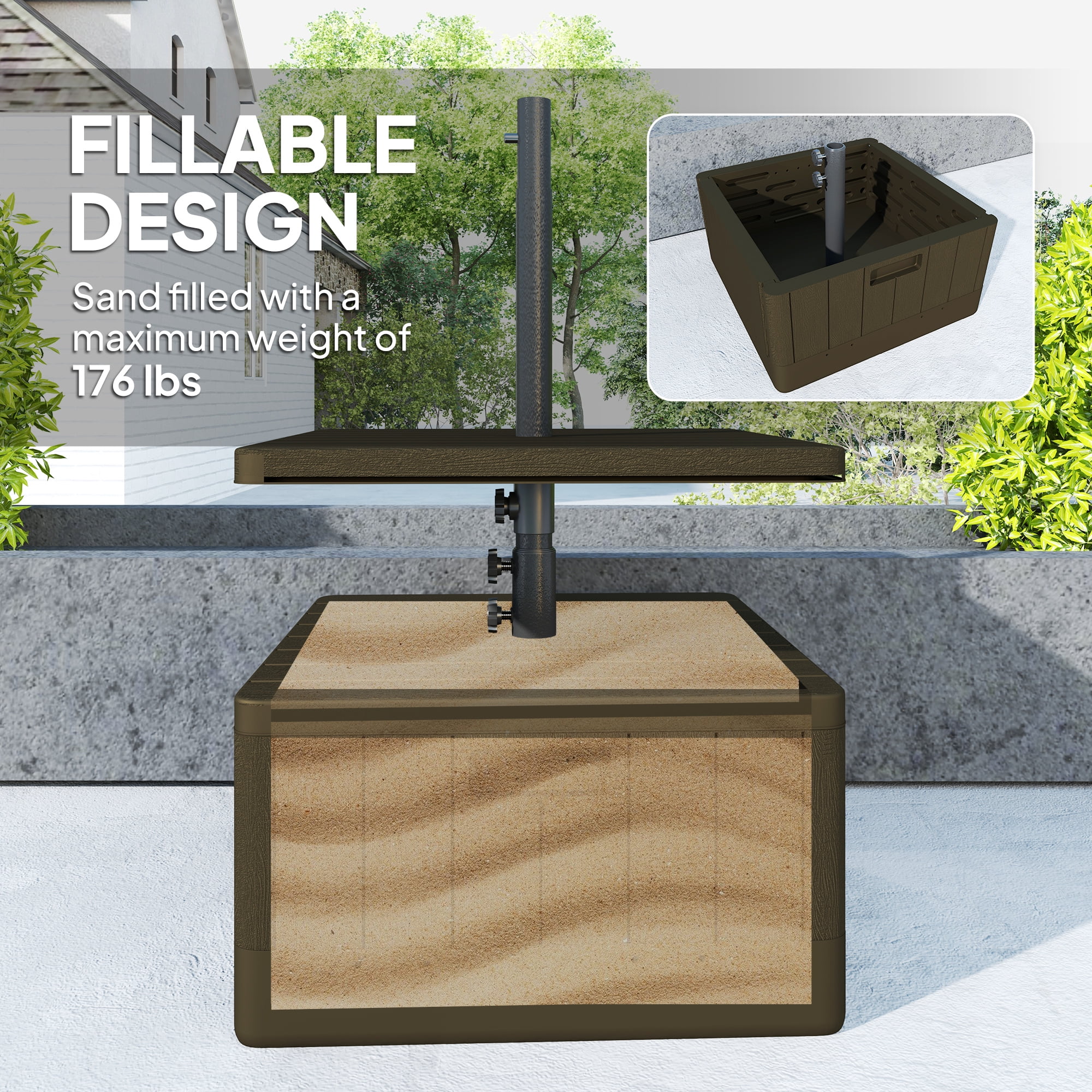 Outsunny Patio Umbrella Base with Table Tray, Heavy Duty Weighted Umbrella Stand with Wheels Handles, 176lbs with Stand Filling, Brown