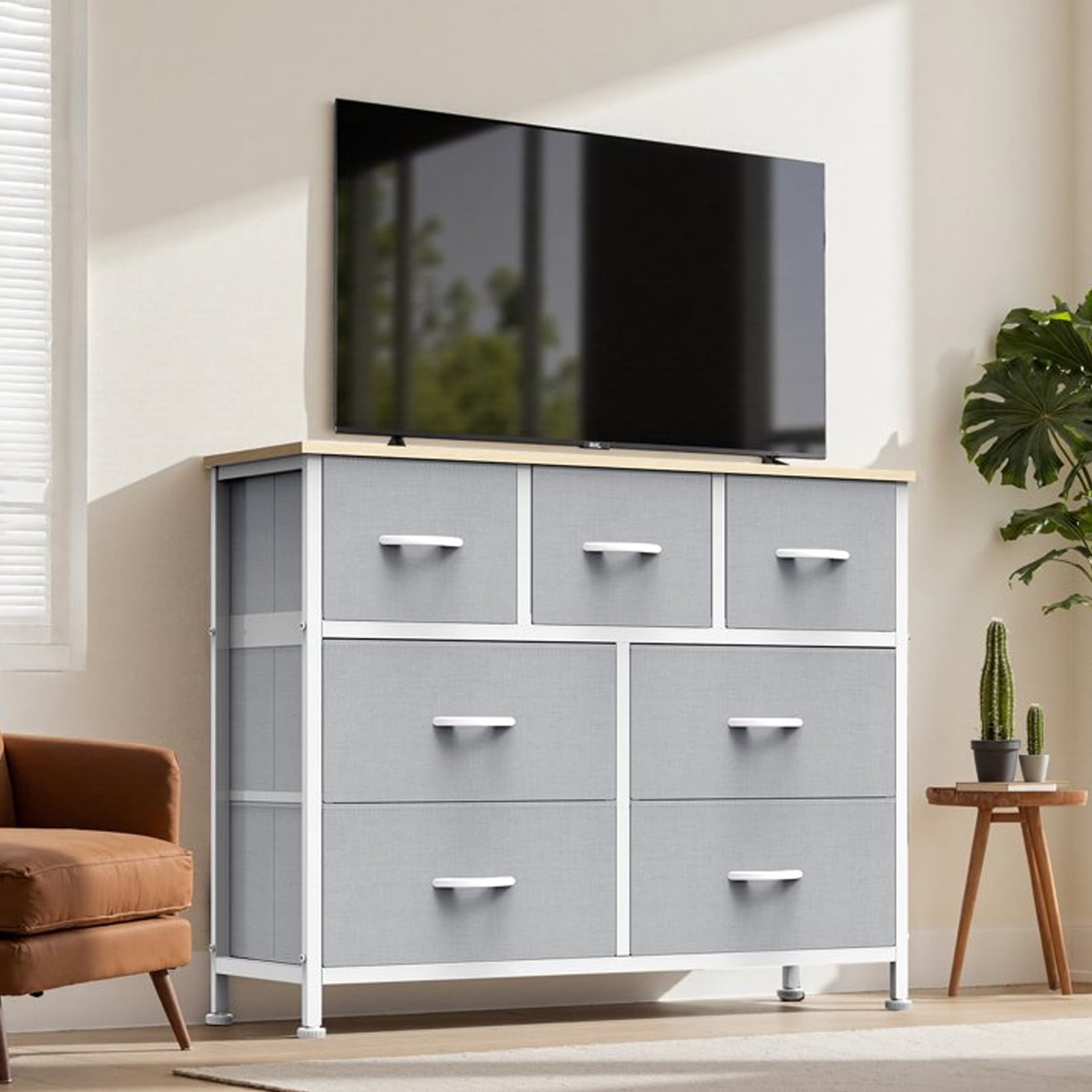 Nextay 7-Drawer Fabric Dresser TV Stand for 45" TV, Storage Dresser Closet with Steel Frame & Wooden Top for Living Room, Dressing Room, Entryway, Light Gray