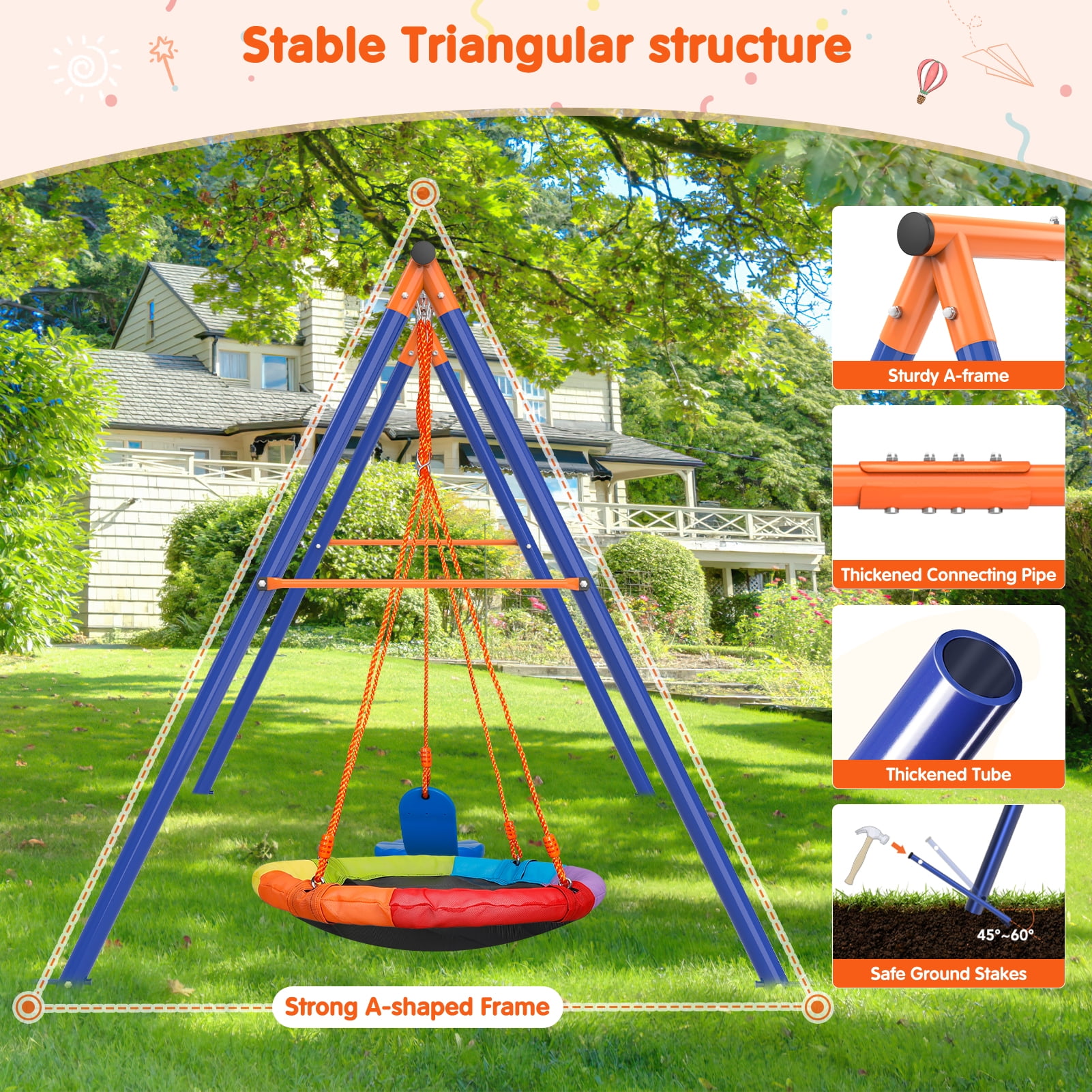 GIKPAL 3-in-1 Swing Set, 550 lbs Swing Set for Outside, Heavy Duty Metal Swing with A-Frame, Waterproof material, Adjustable Ropes Round Swing for Backyard