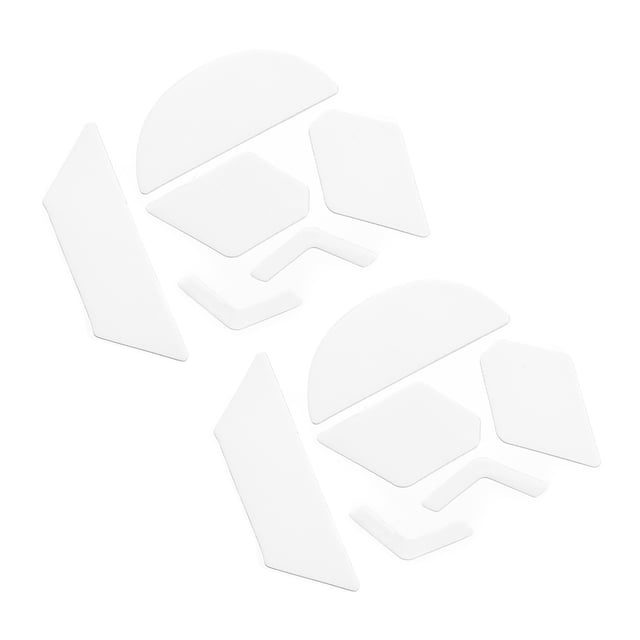 Unique Bargains Rounded Curved Edges Mouse Feet Skates 0.6mm for G900 Gaming Mouse in white, shown in a set of 6 pieces. Made of PTFE material, these skates are designed to enhance mouse movement precision and protect the bottom of the mouse. The package includes two sets of skates with a thickness of 0.6mm, suitable for various mouse types.